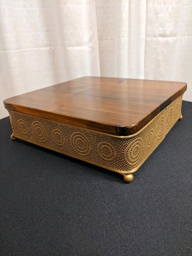 Rental store for 13  SQUARE GOLD WOOD TOP CAKE STAND in Longview TX